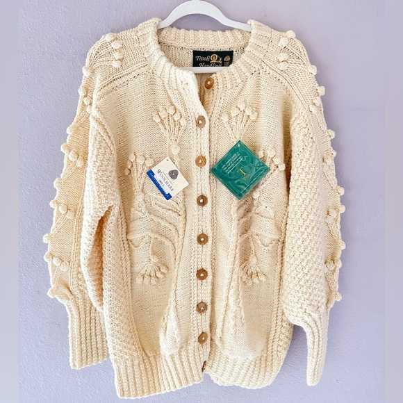 Tivoli Hand Knit Cardigan Pure New Wool Cream Cable Knit Button Up Sweater - Picture 2 of 9